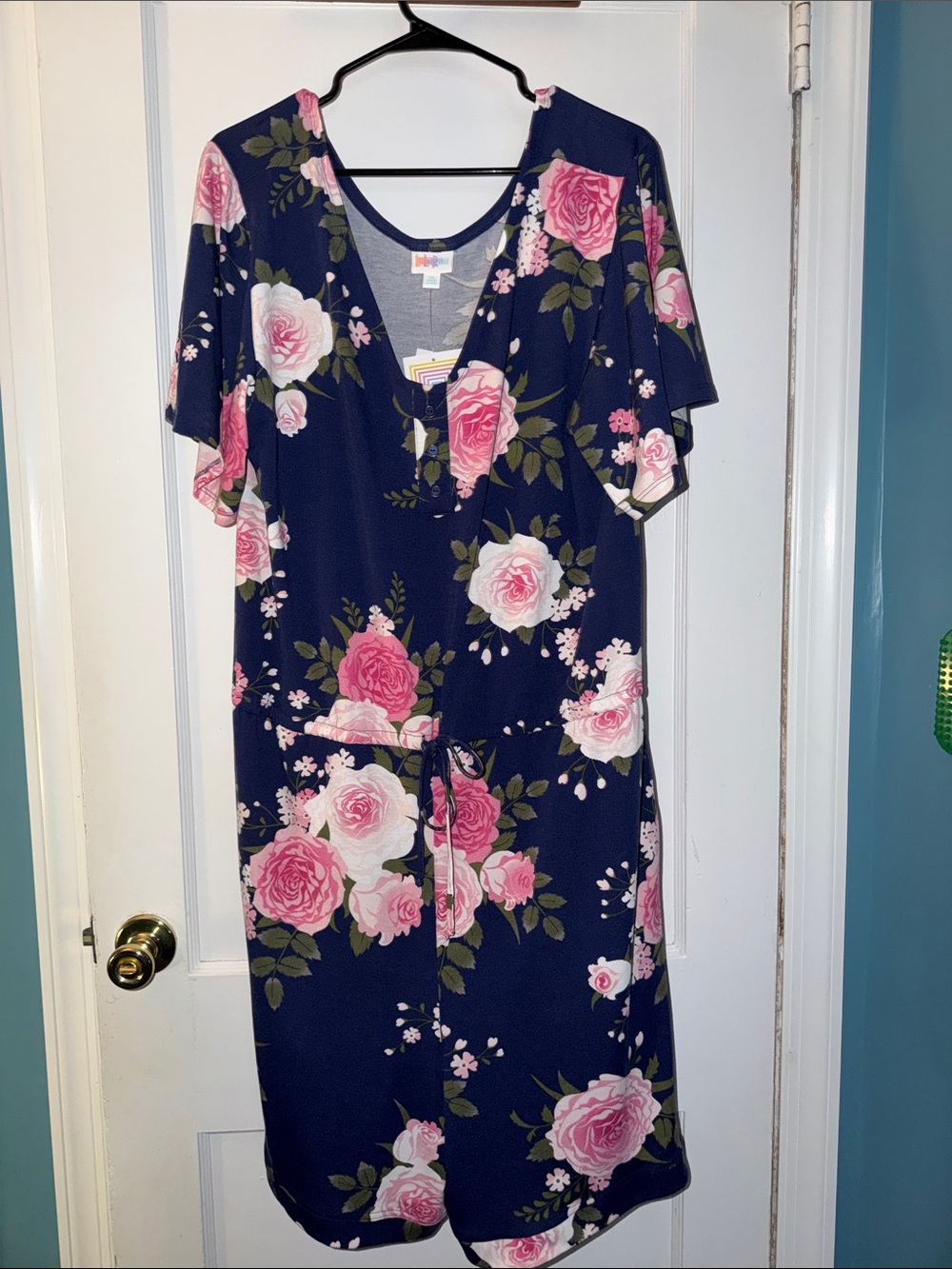 LuLaRoe Navy Floral Jumpsuit Romper with Pink Roses